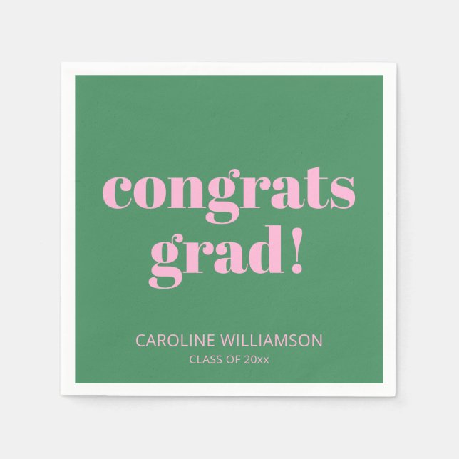 Bold Modern Retro Pink Green Graduation Party Name Napkin (Front)