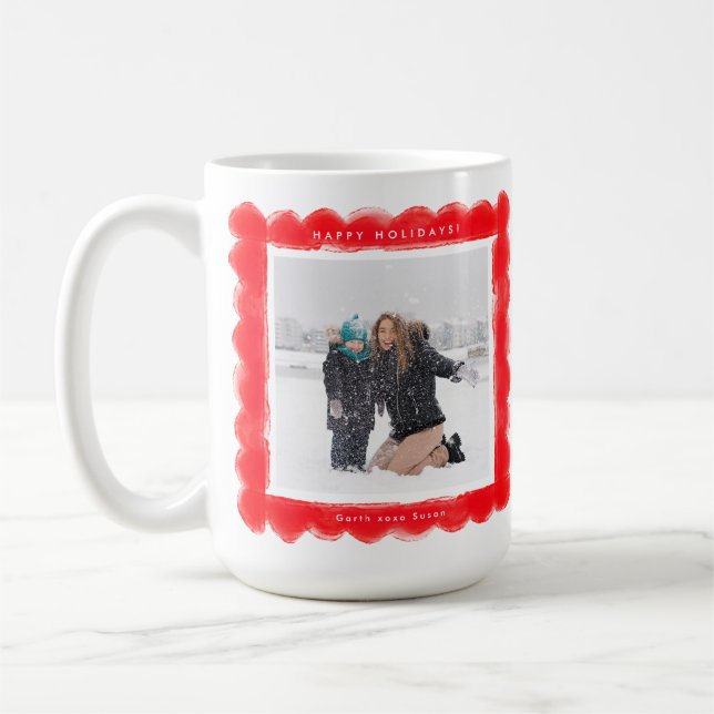 bold modern retro red frame two photo christmas coffee mug (Left)
