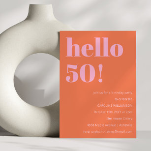 Bold Modern Simple Orange Pink 50th Birthday Party Invitation