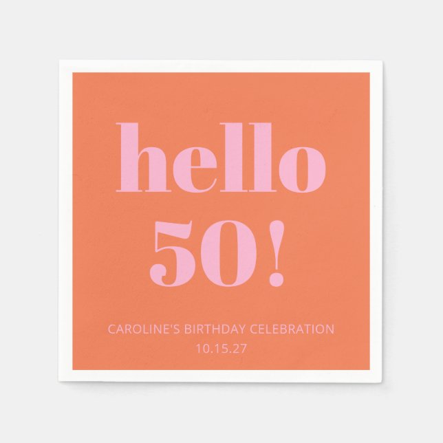Bold Modern Simple Orange Pink 50th Birthday Party Napkin (Front)