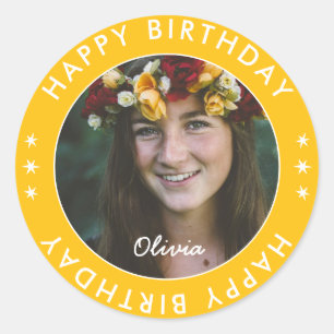 Bold Modern Simple Yellow Happy Birthday Photo Classic Round Sticker