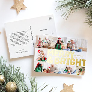 Bold Modern Six-Photo Merry and Bright Gold  Foil Holiday Postcard