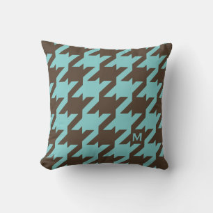 Bold modern teal brown houndstooth with monogram cushion