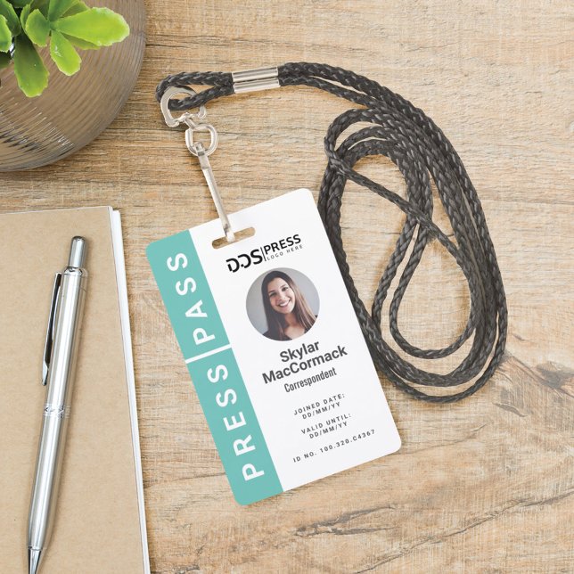 Bold Modern Teal Circle Photo Press Pass & Logo ID Badge (Creator Uploaded)