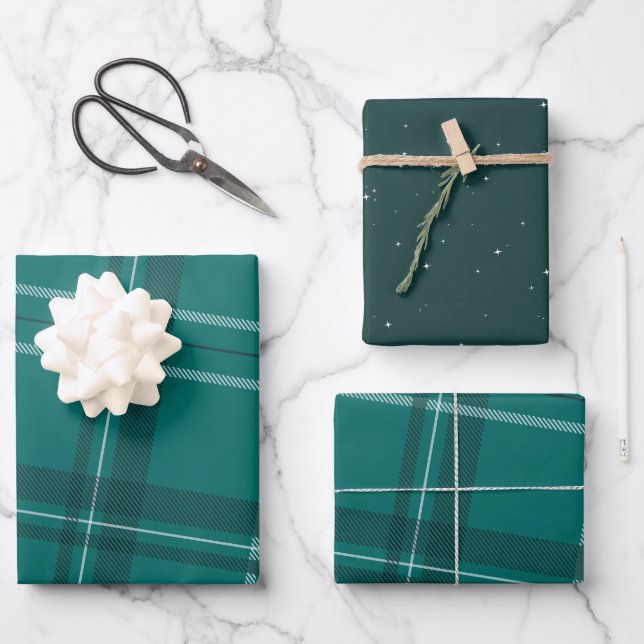 Bold modern teal plaid holiday wrapping paper sheet (Front)