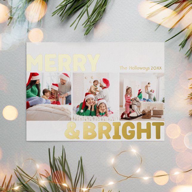 Bold Modern Three photo Merry and Bright Gold (Creator Uploaded)