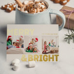 Bold Modern Three Photo Merry and Bright Gold Foil Holiday Postcard<br><div class="desc">Send warm wishes this holiday season with this unique and cute, bold modern three photo merry and bright gold foil holiday postcard. Its simple and minimalist design features boho-inspired elements in gold foil. Celebrating the festive spirit of December, this design brings a cheerful and fun touch to any occasion. The...</div>