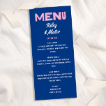 Bold Modern Type Funky Colourful Blue Pink Wedding Menu<br><div class="desc">*ALL colours of this design are customisable! This modern and fun wedding menu card features a cobalt blue background,  pink "Menu",  and retro typography. This design makes a fun and colourful statement for a modern wedding!</div>