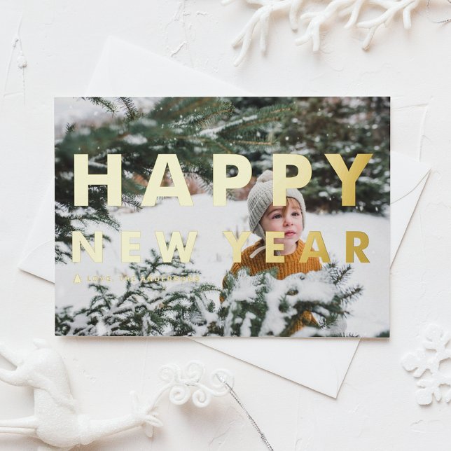 Bold Modern Typography Photo Happy New Year Foil Holiday Postcard (Creator Uploaded)