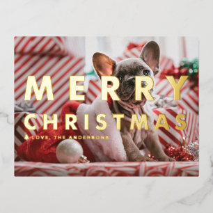 Bold Modern Typography Photo Merry Christmas Foil Holiday Postcard