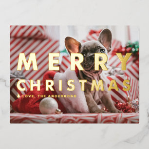 Bold Modern Typography Photo Merry Christmas Foil Holiday Postcard