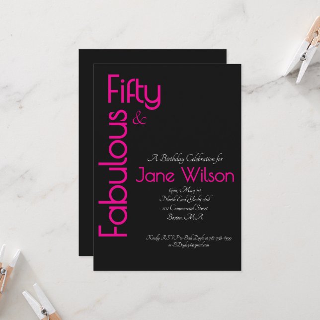 Bold Modern Typography Pink Black 50th Birthday  Invitation (Front/Back In Situ)