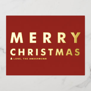 Bold Modern Typography Red Merry Christmas Foil Holiday Postcard