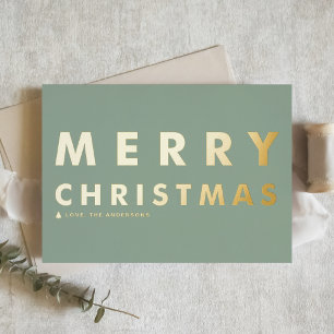 Bold Modern Typography Sage Green Merry Christmas Foil Greeting Card