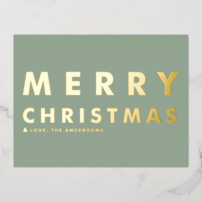 Bold Modern Typography Sage Green Merry Christmas Foil Holiday Postcard (Front)