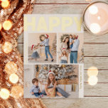 Bold Modern Vertical 3 photo Happy Gold<br><div class="desc">Send warm wishes this holiday season with this unique and cute, bold modern vertical 3 photo happy gold foil holiday card. Its simple and minimalist design features boho-inspired elements in gold foil. Celebrating the festive spirit of December, this design brings a cheerful and fun touch to any occasion. The gold...</div>