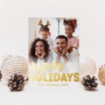 Bold Modern Vertical Full Photo Happy Gold Foil Holiday Postcard<br><div class="desc">Send warm wishes this holiday season with this unique and cute, bold modern vertical full photo happy gold foil holiday postcard. Its simple and minimalist design features boho-inspired elements in gold foil. Celebrating the festive spirit of December, this design brings a cheerful and fun touch to any occasion. The gold...</div>