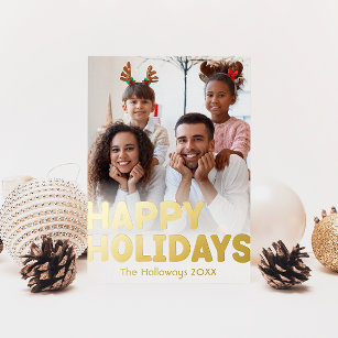Bold Modern Vertical Full Photo Happy Gold Foil Holiday Postcard