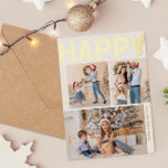 Bold Modern Vertical Three Photo Happy Gold Foil Holiday Postcard<br><div class="desc">Send warm wishes this holiday season with this unique and cute, bold modern vertical three photo happy gold foil holiday postcard. Its simple and minimalist design features boho-inspired elements in gold foil. Celebrating the festive spirit of December, this design brings a cheerful and fun touch to any occasion. The gold...</div>