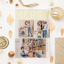 Bold Modern Vertical Three Photo Merry Gold