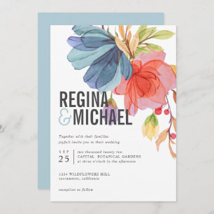 Bold Modern Watercolor Aqua Wildflowers wedding Invitation