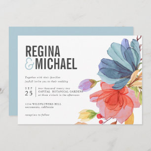 Bold Modern Watercolor Wildflowers aqua wedding Invitation