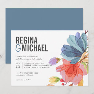 Bold Modern Watercolor Wildflowers blue wedding Invitation