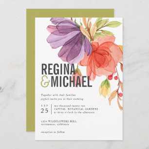 Bold Modern Watercolor Wildflowers Green wedding Invitation