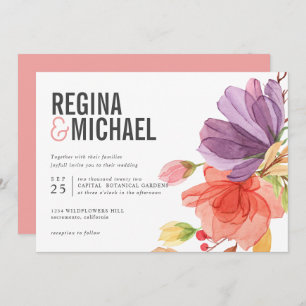 Bold Modern Watercolor Wildflowers wedding Invitation