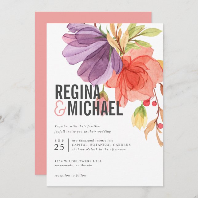 Bold Modern Watercolor Wildflowers wedding Invitation (Front/Back)