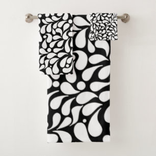 Bold modern white flowers on black background bath towel set