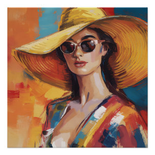 Bold Modern Woman in Golden Hat Abstract Portrait Poster