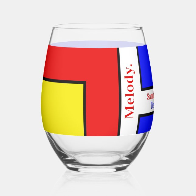 Bold Mondrian Inspired Retro Geometric Art Stemless Wine Glass (Front)