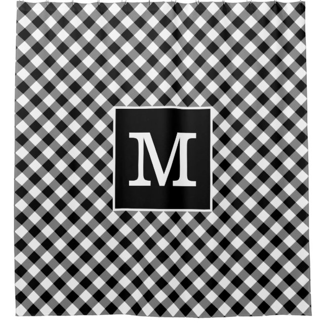 Bold Monogram Black and White Gingham Pattern Shower Curtain (Front)
