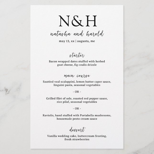 Bold Monogram Black and White Modern Wedding Menu (Front)