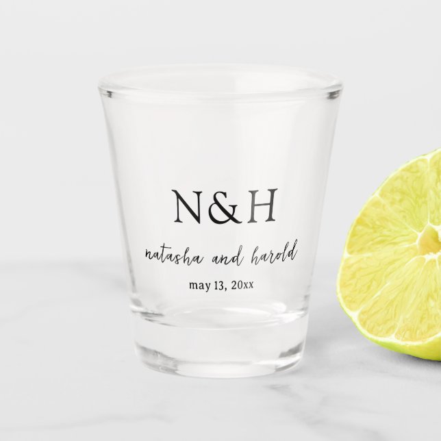 Bold Monogram Black and White Modern Wedding Shot Glass (Front)