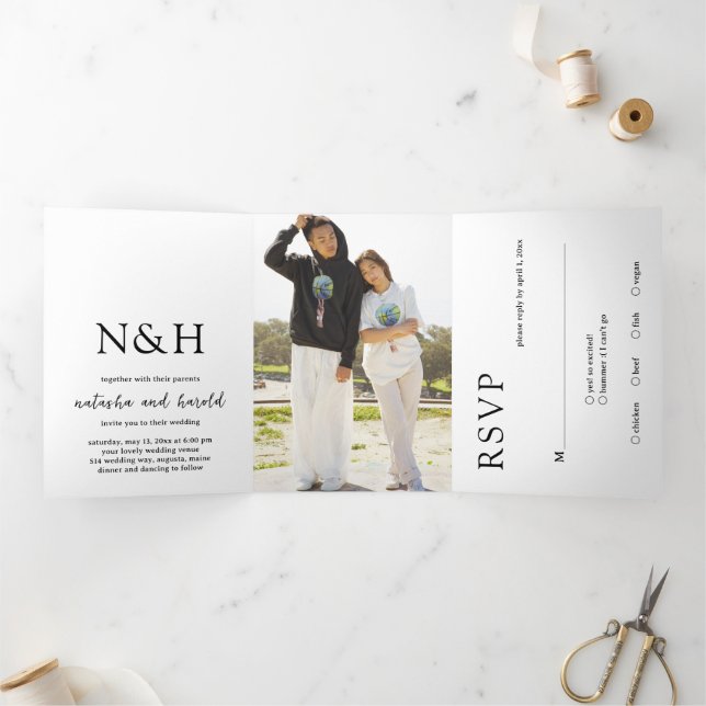 Bold Monogram Black and White Modern Wedding Tri-Fold Invitation (Inside)