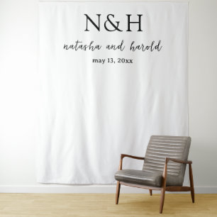 Bold Monogram Black and White Wedding Backdrop Tapestry