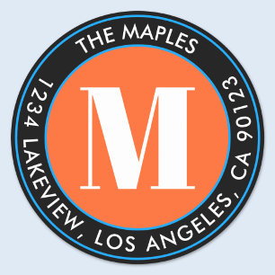 Bold Monogram Black Orange Blue Return Address Classic Round Sticker