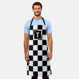 Bold Monogram Black White Chequered Pattern Apron