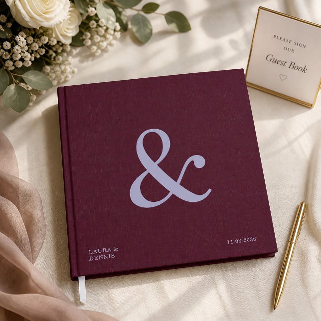 Bold Monogram Dark Red Linen Fabric Look Wedding Guest Book (Creator Uploaded)