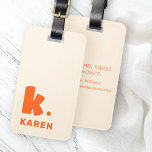 Bold monogram initial and name orange luggage tag<br><div class="desc">Luggage tag featuring your monogram initial in a big,  bold font and your name below. Orange text on a lighter background. Colours are customisable in the design tool. Add your contact information on the back.</div>