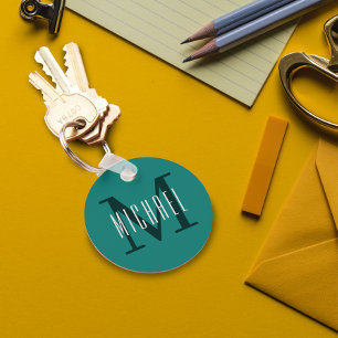 Bold Monogram Initial & First Name Blue Teal Key Ring