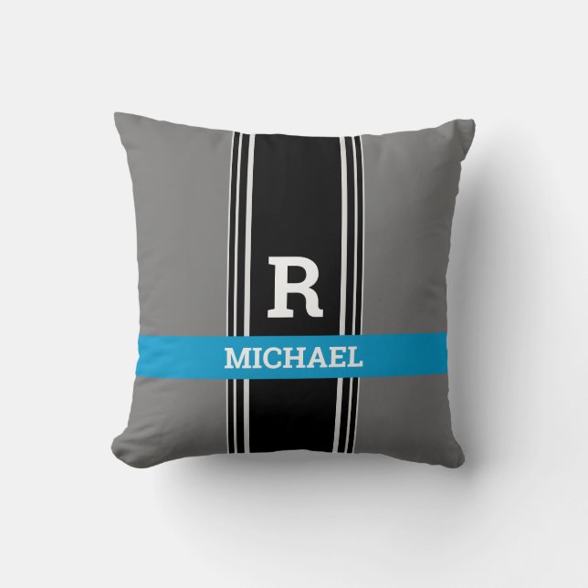 Bold Monogram & Name, Blue Grey & Black Stripes Cushion (Front)