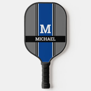 Bold Monogram & Name Deep Blue Grey & Blk. Stripes Pickleball Paddle