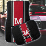 Bold Monogram & Name, Deep Red Grey Black Stripes Car Mat<br><div class="desc">These car floor mats are Cool, stylish and Trendy with that bold, deep red centre stripe and the grey Vertical Lines on each side. Customise your monogram and name in a bold text of light grey on a black background for a truly personalised look. Makes a great gift for him,...</div>