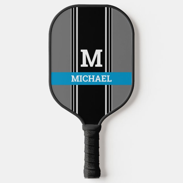 Bold Monogram/Name, Deep Sky Blue Grey Blk Stripes Pickleball Paddle (Front)