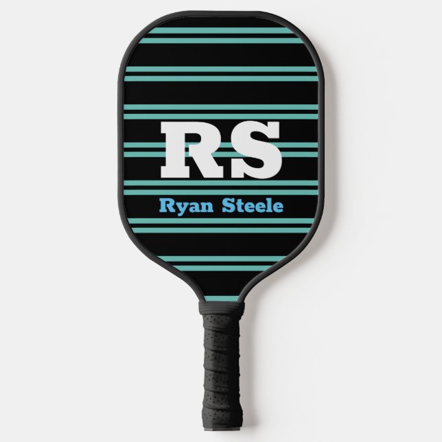 Bold Monogram & Name, Lt. Teal Lines on Black Pickleball Paddle (Front)