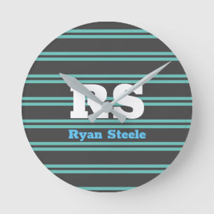 Bold Monogram & Name, Lt. Teal Lines on Dark Grey Round Clock