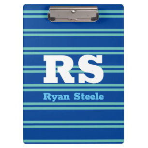 Bold Monogram & Name, Lt. Teal Lines on Deep Blue Clipboard